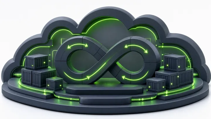 Isometrische Illustration: Cloud-Plattform mit grünem CI/CD-Pipeline-Loop und Containern