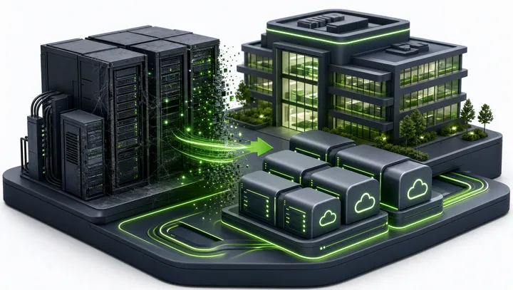 Isometrische Illustration: Modernisierung einer Serverlandschaft zu modernen Cloud-Modulen