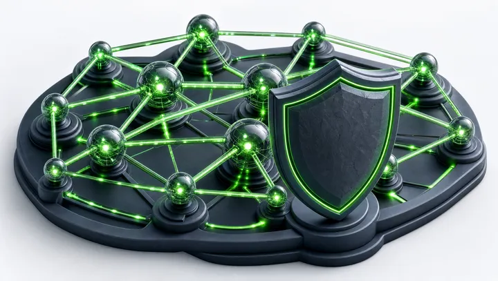 Isometrische Illustration: vernetztes KI-Knoten-Mesh mit Schutzschild und grünen Datenflüssen