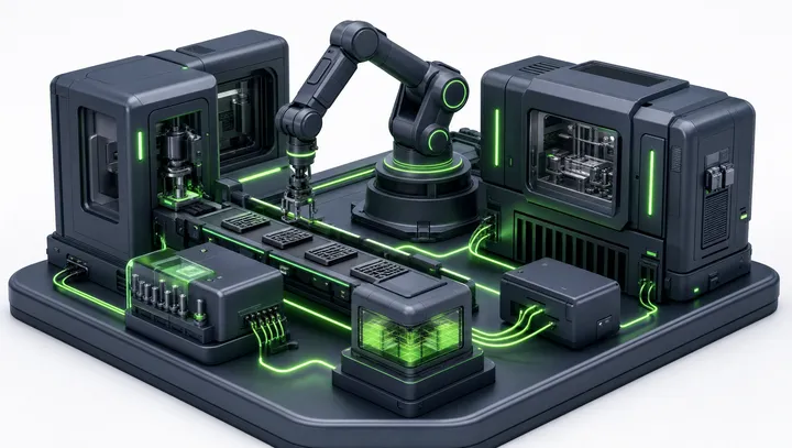 Isometrische Illustration: Fabrikboden mit Roboterarm, Förderband und vernetzten Maschinen